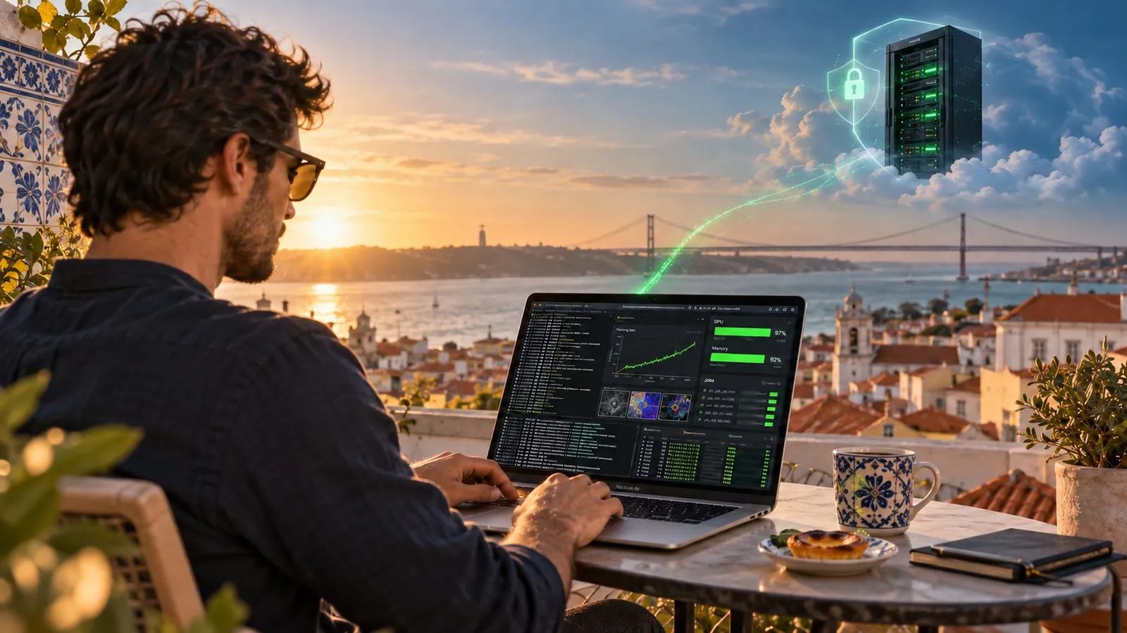 A developer at a rooftop café table in Lisbon at sunset, working on a thin laptop whose screen shows a GPU job at full load; in the sky above, a server rack with a padlock, linked to the laptop by a thin line of light.
