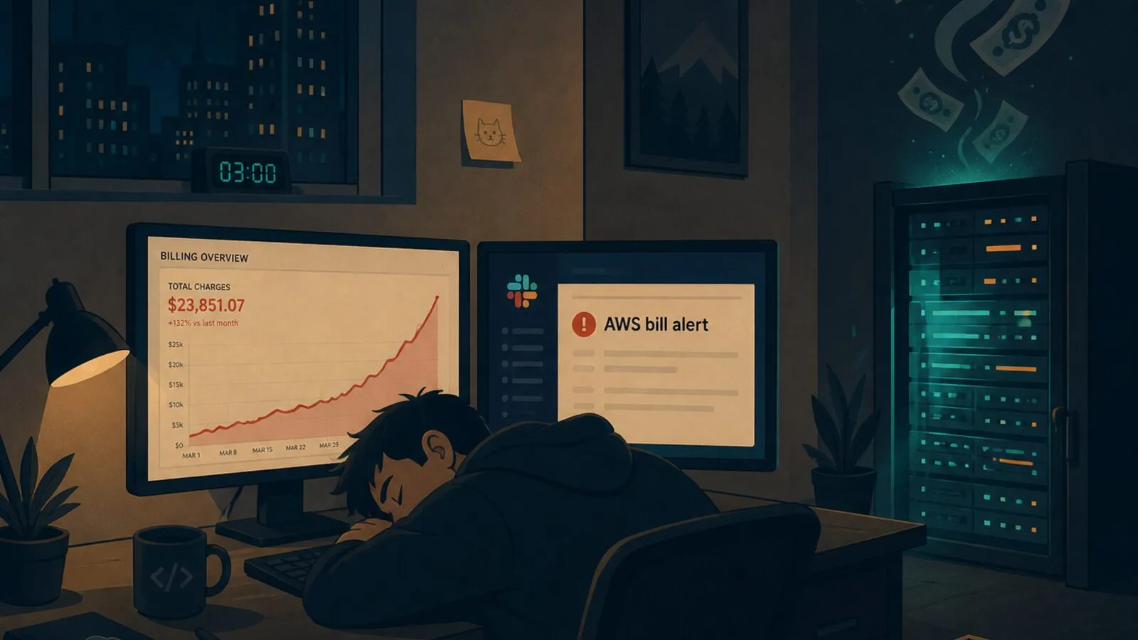 An engineer asleep at a desk at 3 AM with monitors showing a rising AWS billing chart and a Slack bill alert, money drifting away in the background
