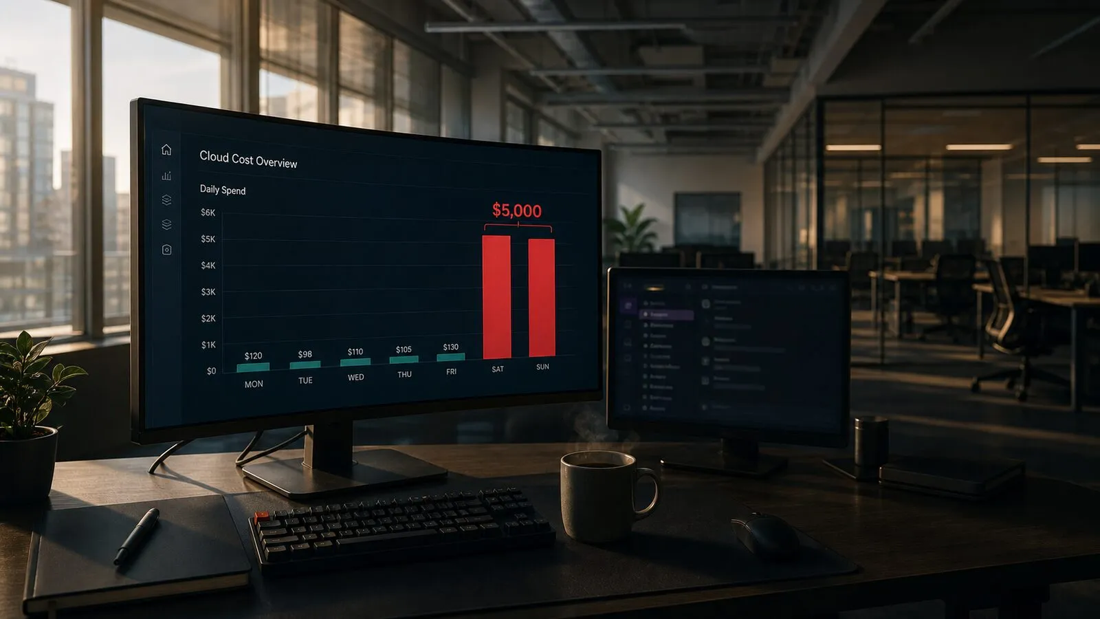 A curved monitor on an empty office desk displays a 'Cloud Cost Overview' dashboard with a daily-spend bar chart — small teal bars through the work week, then two tall red bars spiking on the weekend. A second monitor shows a chat app in the background; a coffee cup steams on the desk.